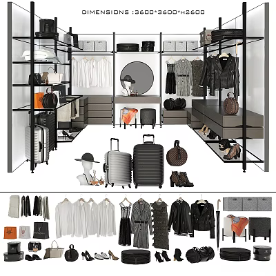 Modern Walk In Closet With Comfortable Two Seater Sofa And Storage Shelves 3d model