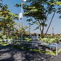 Garden Landscape With White Canopy Structure Green Lawn And Lush Trees Outdoor Tables And Chairs