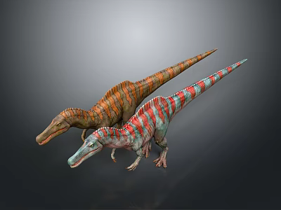 Two Vibrant Dinosaurs Displaying Orange Green And Red Striped Patterns 3d model