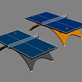 Two Modern Ping Pong Tables With Blue Tabletop Black And Orange Legs And Net