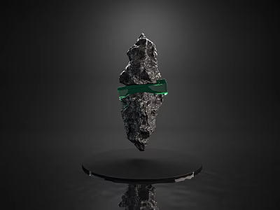 Abstract Rock Sculpture With Green Transparent Ring On Black Base And Reflection 3d model