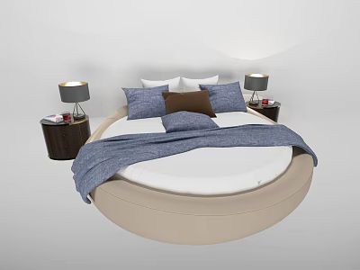 Modern Round Bed Bedroom Interior With Blue Blanket Pillows And Bedside Lamps 3d model