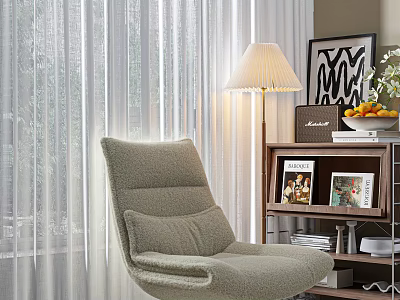 Modern Cozy Accent Chair With Floor Lamp Wooden Bookshelf Photo Frames And Blinds 3d model