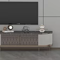 Elegant Modern TV Stand With Patterned Panels Gold Metal Legs Marble Top And Ornaments
