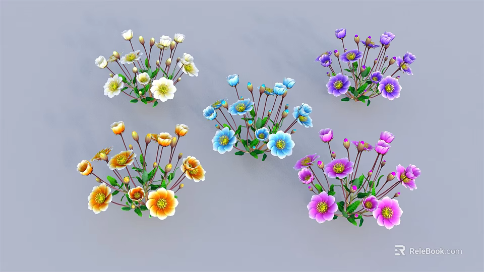 Colorful Flower Bouquets With White Yellow Blue Purple Pink Petals And Green Leaves 3d model 