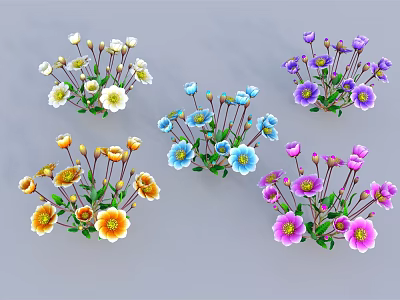 Colorful Flower Bouquets With White Yellow Blue Purple Pink Petals And Green Leaves 3d model