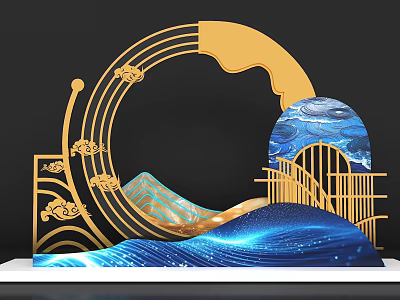Traditional Golden Circular Photo Spot With Blue Waves Cloud Motifs And Railing 3d model