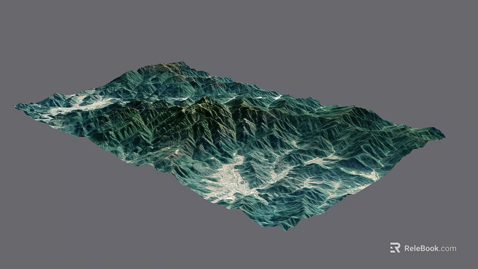 3D Landscape Model of Mountain Ranges With Green Vegetation And White Patches 3d model 
