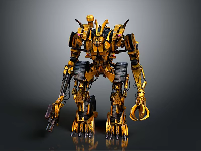 Yellow And Black Mech Robot Character With Weaponized Arms And Mechanical Design 3d model