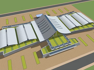 Modern Public Building Exterior With Wavy Roof Design And Surrounding Green Parking Areas 3d model
