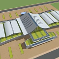 Modern Public Building Exterior With Wavy Roof Design And Surrounding Green Parking Areas