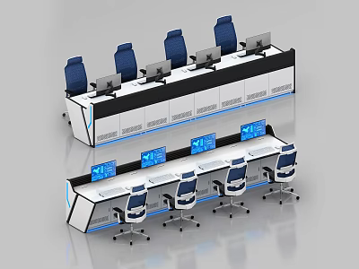 Modern Office Desk Setup With Multiple Workstations Blue Chairs Computer Monitors And LED Lights 3d model