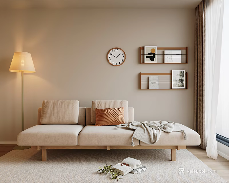 Beige Three Seater Sofa With Cushions Throw Blanket Floor Lamp Wall Clock Books On Carpet 3d model 