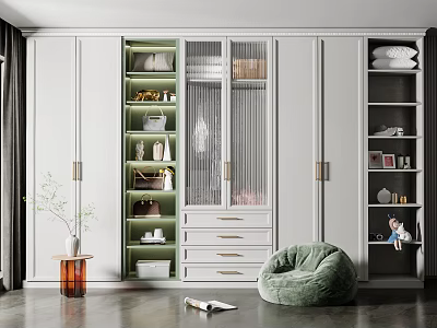 Modern White Wardrobe With Glass Doors Drawers Built in Shelves And Brass Handles 3d model
