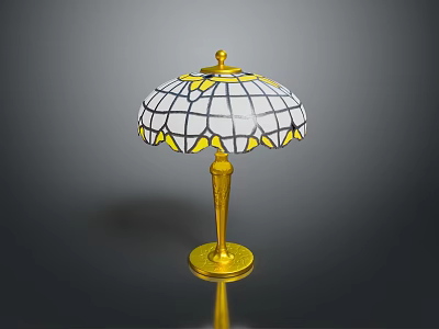 Elegant Vintage Table Lamp With Stained Glass Shade Gold Base And Yellow White Geometric Patterns 3d model