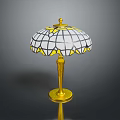 Elegant Vintage Table Lamp With Stained Glass Shade Gold Base And Yellow White Geometric Patterns