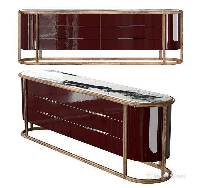 Elegant Modern Maroon Buffet Cabinet With Gold Metal Frame And Sleek Drawer Design 3d model 