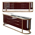 Elegant Modern Maroon Buffet Cabinet With Gold Metal Frame And Sleek Drawer Design