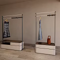 Modern Clothing Boutique Display With Hanging Dresses Racks And Brown Handbag