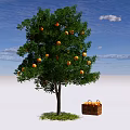 Lush Orange Tree Bearing Ripe Fruits With Basket Of Oranges Below