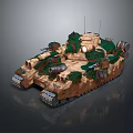 Military Green Brown Camouflage Tank With Multiple Cannons Tracks And Antennas
