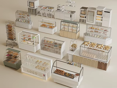 Pastry Shop Interior Featuring Glass Display Cases With Assorted Desserts And Baked Goods 3d model