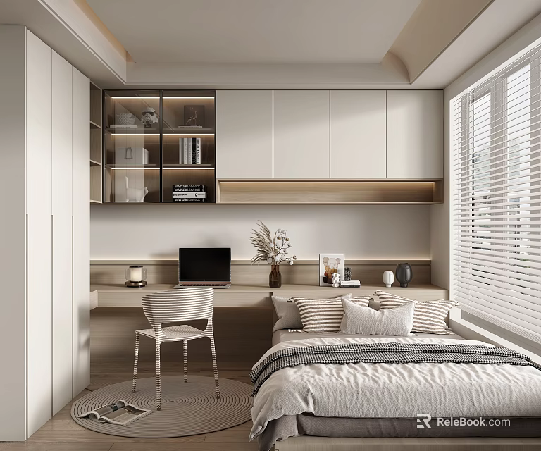Modern Tatami Bedroom With Built-in Wardrobe Glass Door Bookshelf Writing Desk Chair And Window Blinds 3d model 
