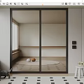 Black Framed Glass Sliding Door In Modern Minimalist Interior With White Cabinets