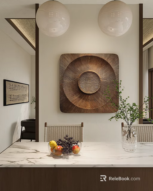Wooden Circular Wall Decor with Radial Pattern Square Frame in Interior Dining Area 3d model 