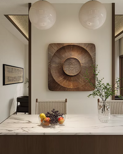 Wooden Circular Wall Decor with Radial Pattern Square Frame in Interior Dining Area 3d model