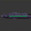 Purple Streamlined Spaceship With Green Glowing Stripes And Pointed Front Reflective Base