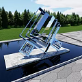 Modern Metallic Landscape Sculpture Featuring Interlocking Geometric Shapes Reflective Surface Green Trees And Blue Sky