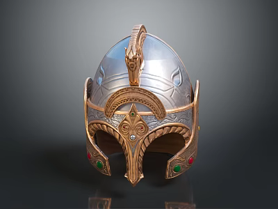 Warrior Helmet Featuring Dragon Decorative Ornament Intricate Metallic Carvings Red Green Gems 3d model
