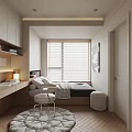 Modern Tatami Bedroom Interior With Built in Desk Shelves Wooden Floor Blinds And Round Rug