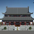 Traditional Chinese Multi Tiered Architecture With Ornate Eaves Gray Tiled Roof Red Pillars Stone Balustrades