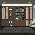 Elegant Walk-in Closet With Dark Brown Cabinets Arched Walls Built-in Shelves And Beige Armchair