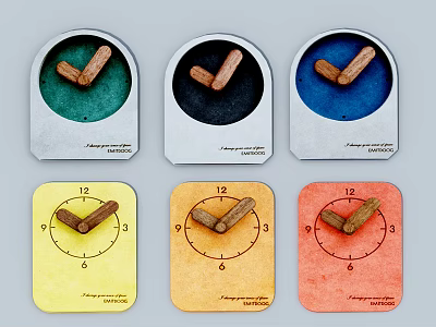 Six Colorful Wall Clocks With Wooden Hands And Different Color Designs 3d model