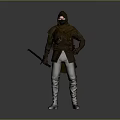 Hooded Warrior In Brown Cloak Holding Long Sword On Gray Background