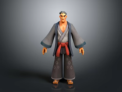 A Man In Gray Kimono With Red Obi Belt And Patterned Pants Standing 3d model