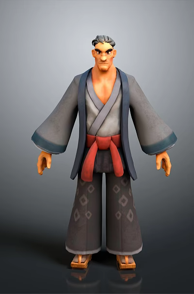 A Man In Gray Kimono With Red Obi Belt And Patterned Pants Standing 3d model
