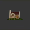 Cute Model House With Red Tiled Roof Chimney Arched Door Wooden Fence On Green Grass