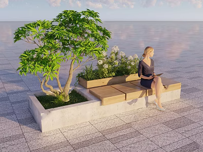 Outdoor Chair Where Woman Sits With Green Tree And Flowers Near Seaside Paved Ground 3d model