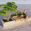 Outdoor Chair Where Woman Sits With Green Tree And Flowers Near Seaside Paved Ground
