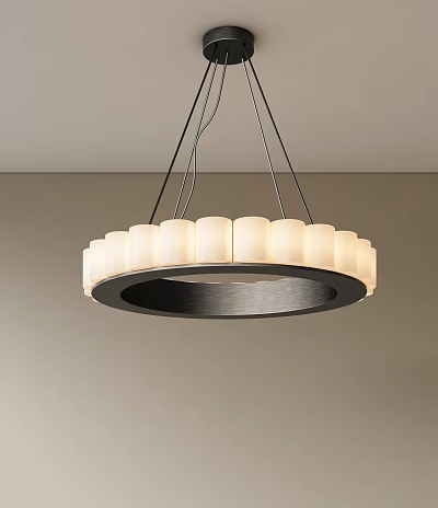 Modern Circular Chandelier With White Cylindrical Shades And Black Metal Frame 3d model