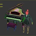 Black Grand Piano with Open Lid and Art Supplies Including Paintbrushes