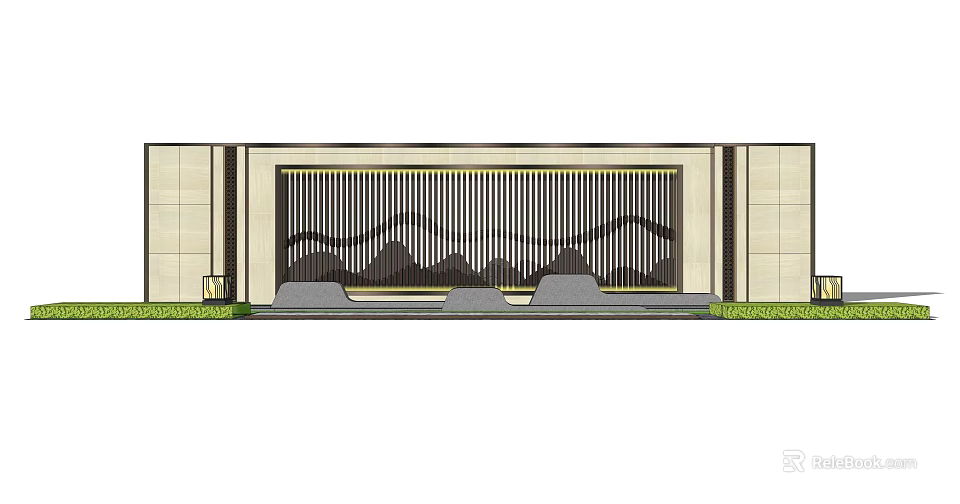 Modern Scenic Feature Wall Design With Vertical Slats And Mountain Pattern Stone Frame 3d model