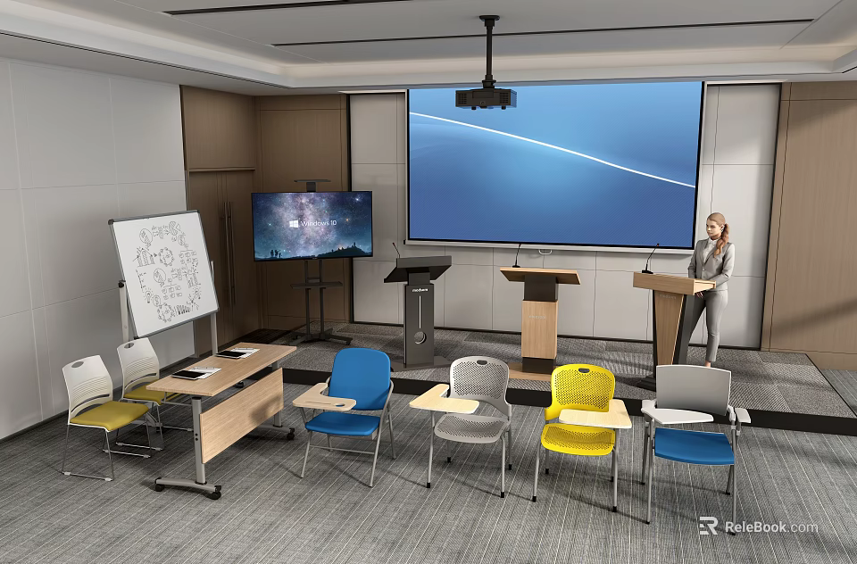 Modern Conference Room With Large Projection Screen TV Monitor Whiteboard Presenter And Colored Chairs 3d model 