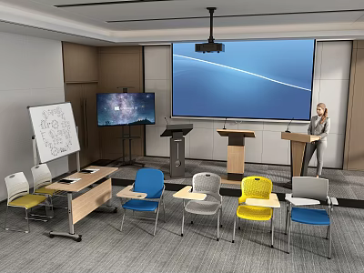 Modern Conference Room With Large Projection Screen TV Monitor Whiteboard Presenter And Colored Chairs 3d model