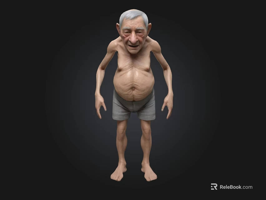 Cartoon Elderly Man Character With Bald Head Thin Body And Shorts Standing On Black Background 3d model 