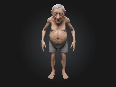 Cartoon Elderly Man Character With Bald Head Thin Body And Shorts Standing On Black Background 3d model